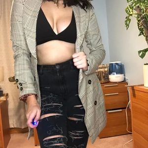 Brown and beige plaid belted trench coat